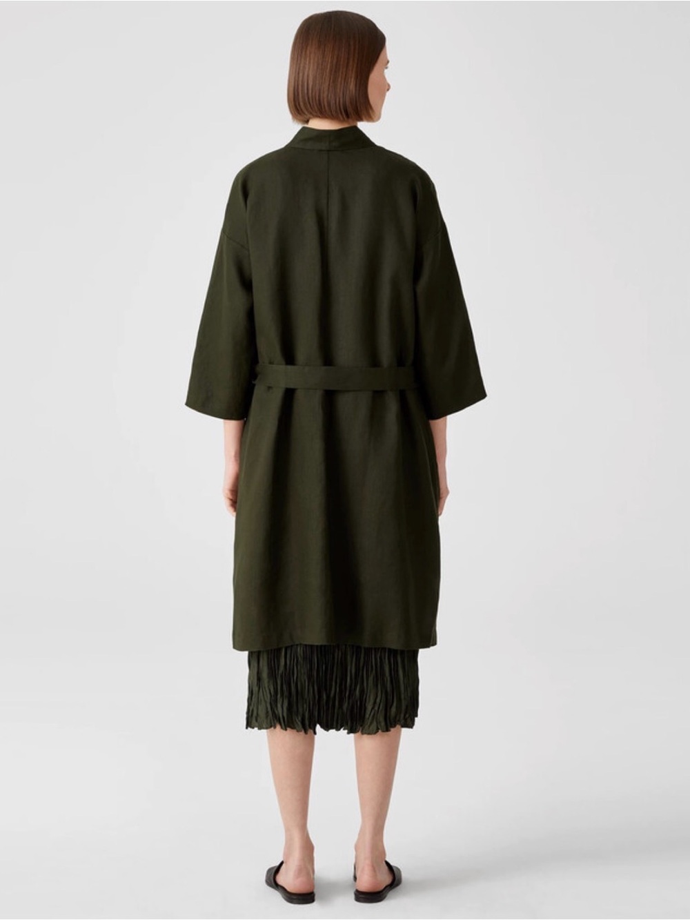 Eileen Fisher Organic Linen Long Kimono Belt Jacket Seaweed Green XS Minimalist - Picture 2 of 9